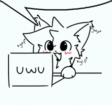 a black and white drawing of a furry animal holding a sign that says uwu .