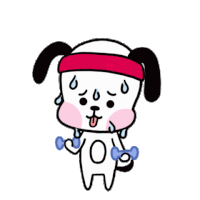 a cartoon dog is eating a cookie while wearing a headband and dumbbells