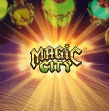 a logo for magic city is surrounded by glowing balls