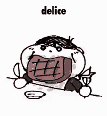 a black and white drawing of a person with a big mouth and the word delice on the bottom .