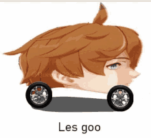 a cartoon character is driving a car with the words `` les goo '' written on it .