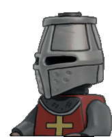 a lego knight wearing a helmet and a red vest with a cross on it