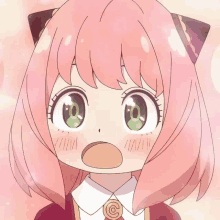 a cartoon girl with pink hair and green eyes has a surprised look on her face