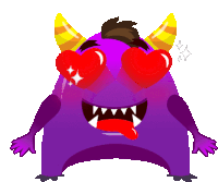 a purple monster with horns is wearing red heart shaped eyes