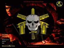 a man is holding a gun in front of a skull with a sword in it .