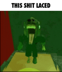 a cartoon character is standing in a dark room with his mouth open and his tongue sticking out .