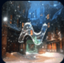 a ghost is floating in the air in front of a building in a snowy city .