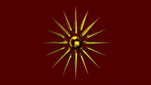 a gold star with a gold ball in the center on a red background .