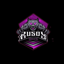 a logo for a gaming team with a wolf with purple eyes on a purple background .