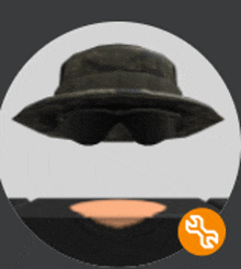 a person wearing a hat and sunglasses with an orange icon in the corner