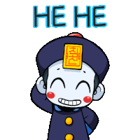 a cartoon character with a sticker on his head that says " he he "