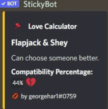 a screen shot of a stickybot love calculator and flapjack & shey