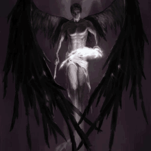 a naked man with black wings is holding a light