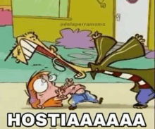 a cartoon of ed and edd fighting each other with the words hostiaaaa written on the bottom .