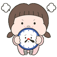 a girl with a mustache is holding a clock in her mouth