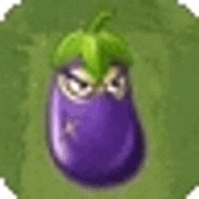 a purple eggplant with a green leaf is sitting on top of a green field .