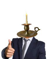 a man in a suit has a candle in a candle holder in front of his head