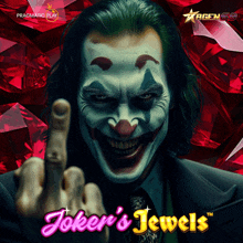 a poster for joker 's jewels shows a clown pointing his finger