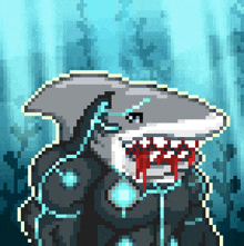 a pixel art image of a shark with blood coming out of its mouth