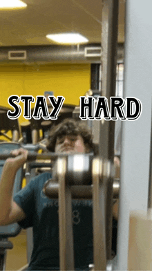 a man lifting a barbell in a gym with the words stay hard on the bottom