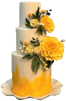 a three tiered cake with yellow flowers on it