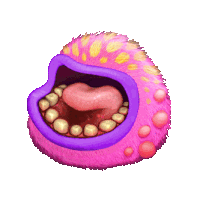 a cartoon illustration of a pink monster with a purple mouth