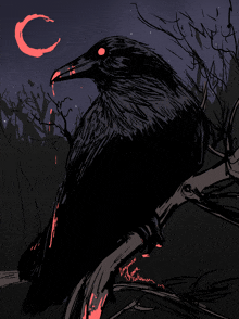 a drawing of a crow with a bloody beak and a crescent moon behind it