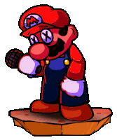 a cartoon drawing of mario holding a microphone and wearing overalls