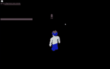 a person in a white shirt and blue pants is walking in a dark room with a purple among us in the background