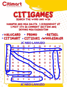 a poster for citimart supermarket has a word search on it