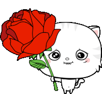 a cartoon cat is holding a red rose in its paws