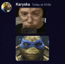 a screenshot of a person taking a selfie and a picture of a teenage mutant ninja turtle