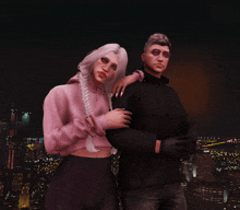 a man and a woman are posing for a picture in front of a city skyline at night