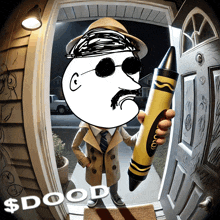 a man in a trench coat is holding a large yellow crayon and says $ door