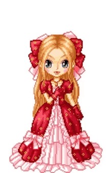 a pixel art drawing of a girl in a red and pink dress