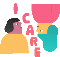 a cartoon illustration of two people standing next to each other with the words " i care " written in red