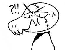 a black and white drawing of a cartoon character with a question mark on his head .