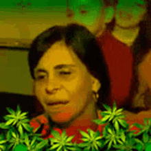 a close up of a woman 's face with a marijuana plant in the foreground .