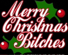 a merry christmas bitches sign with a holly leaf and red berries