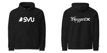 the front and back of a black hoodie with the word blizzard on it