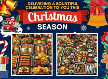 a christmas season advertisement with a table full of food and bells