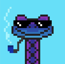 a pixel art of a blue and purple snake with sunglasses and a pipe