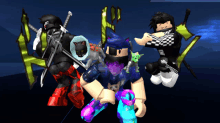 a group of roblox characters are posing for a picture and one of them has a cat on his back