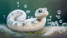 a snake is surrounded by soap bubbles and water