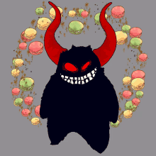 a drawing of a monster with red horns surrounded by macaroons