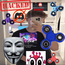 a boy is taking a picture of himself with a mask and fidget spinners