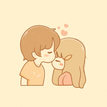 a boy kissing a girl on the forehead with hearts coming out of their mouths