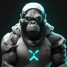 a statue of a gorilla wearing a futuristic suit