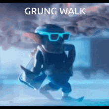 a cartoon character wearing sunglasses and carrying a bag with the words grung walk below him