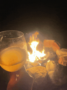 a person holds a glass of beer in front of a fire